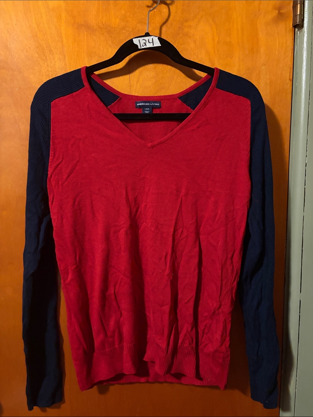 American Living Red V-Neck Sweater with Navy Raglan Sleeves